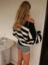 Black White Striped Irregular Collar Off Shoulder Pullover Long Sleeve Sweater